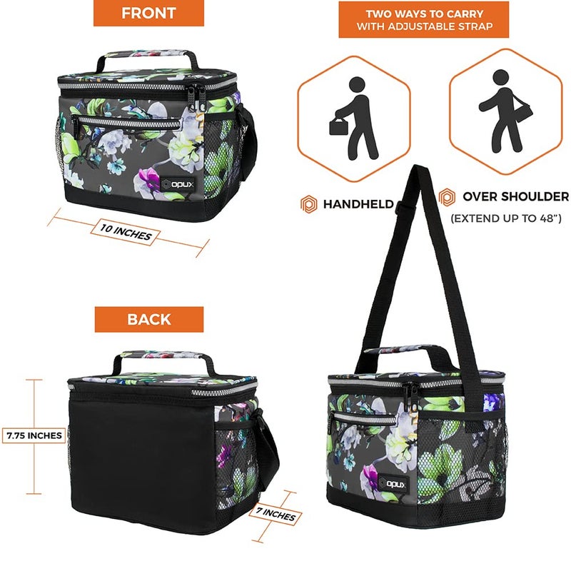 opux Insulated Lunch Box Men Women, Lunch Bag for Work School, Leakproof Soft Cooler Tote Adult, Large Lunch Pail Kids Boys Girls, Picnic Beach Food Bag with Shoulder Strap, Grey Floral - Image 3